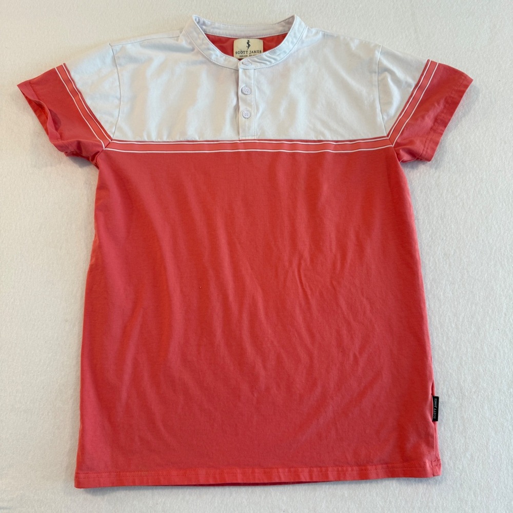 Scott James Henley Shirt Mens Small Coral White Colorblock Striped Short Sleeve